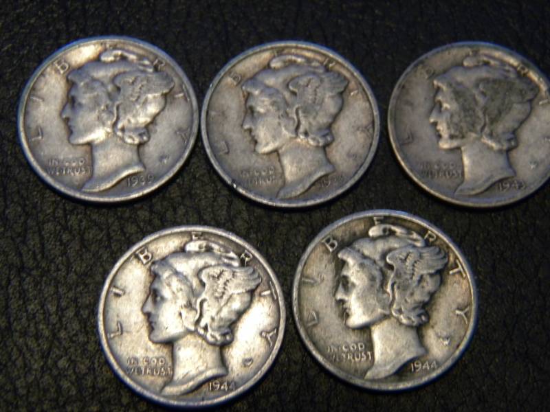 lot 54 image: 5 Mercury Silver Dimes