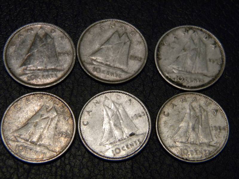 lot 89 image: 6 Canadian 80% Silver Dimes