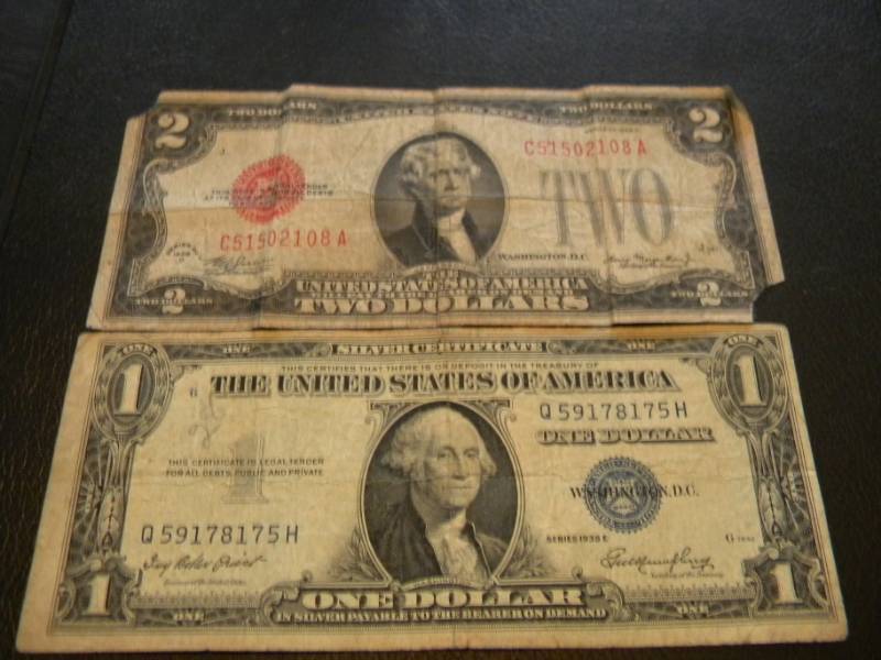 lot 102 image: 1928 D $2.00 Note & 1935 E $1.00 Silver Certificate