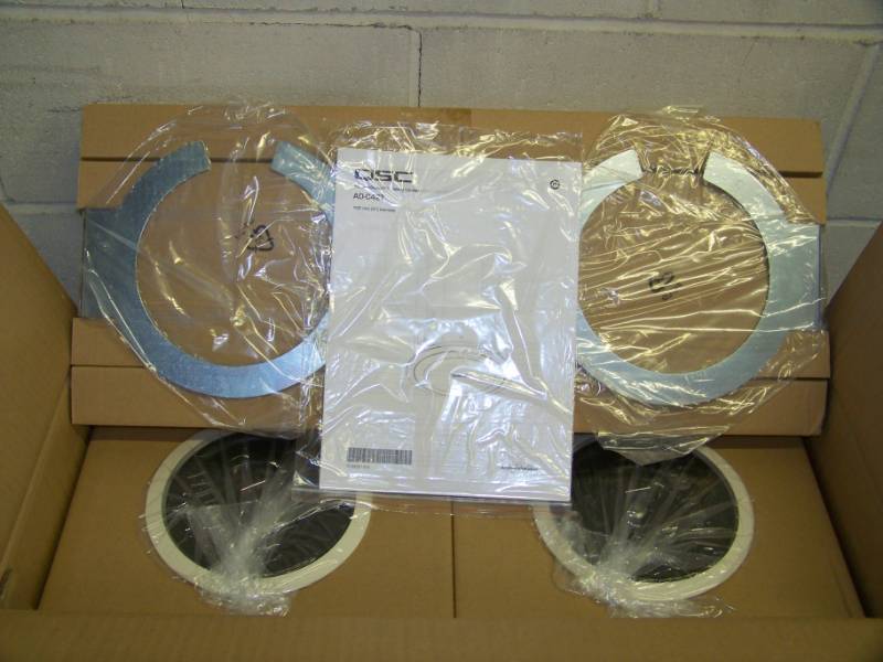 lot 50 image: (2) QSC, AcousticDesign, 4, 2-Way, In-Ceiling Speakers  Loudspeakers - NEW in Original, Open Box