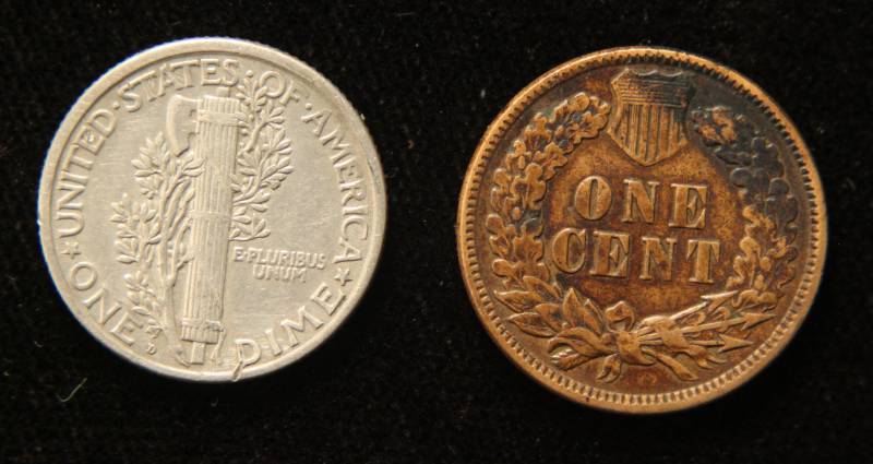 2 COINS 1891 INDIAN HEAD CENT & 1918-D MERCURY DIME XF TONED