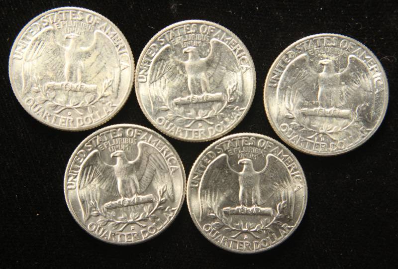 5 BU-UNC 1961-D WASHINGTON SILVER QUARTERS