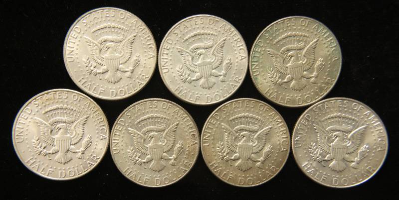 7 US KENNEDY 40% SILVER HALF DOLLARS