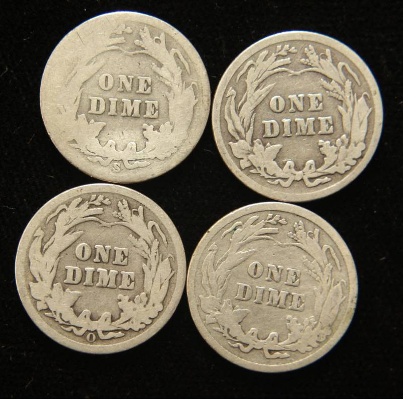 4 BARBER SILVER DIMES 1902 1907-O 1911-S 1916