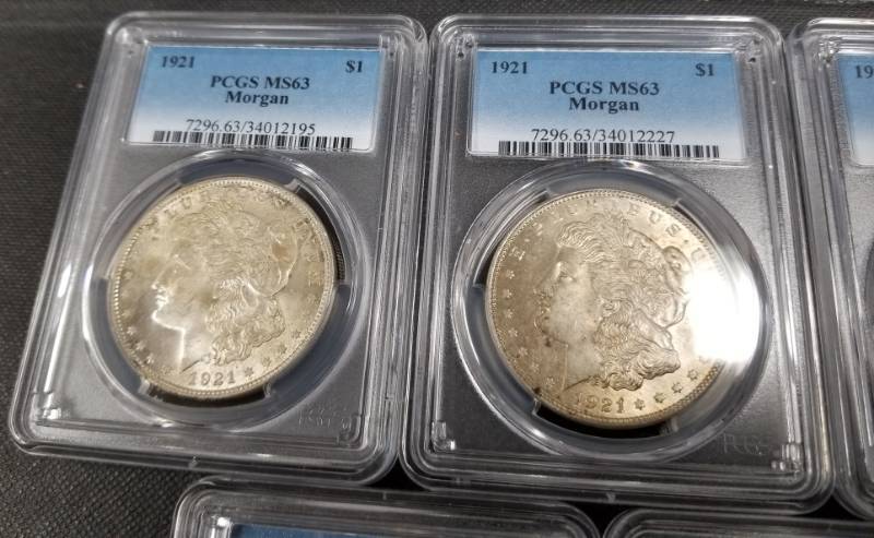 GROUP OF 5 PCGS MS63 MORGAN SILVER DOLLARS AS PICTURED