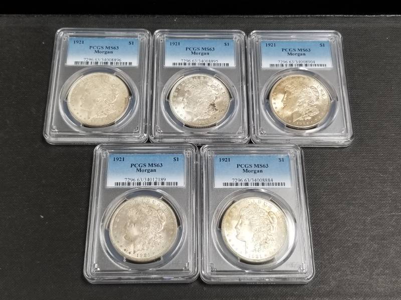 GROUP OF 5 PCGS MS63 MORGAN SILVER DOLLARS AS PICTURED