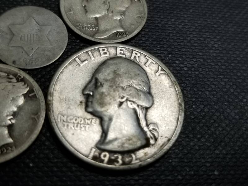 4 SILVER COINS 1932 25C, 1852 3C SILVER, 1924-S 1925 MERCURY 10C