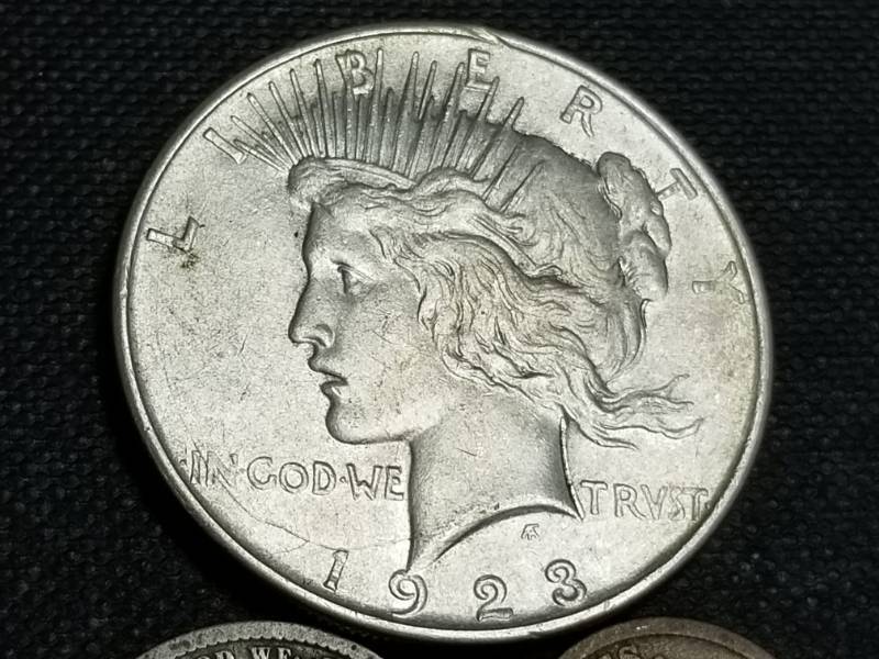 3 COINS 1923-D SILVER DOLLAR, 1899 BARBER 25C, 1863 INDIAN HEAD CENT