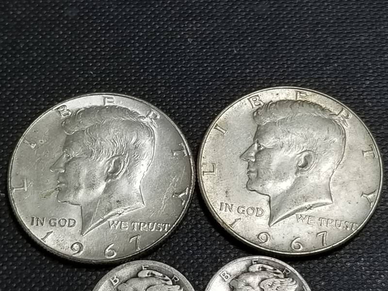 4 COINS 2X 1967 KENNEDY 50C, 1928 1944 MERCURY DIMES