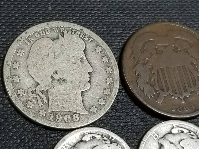 4 COINS 1906-O 25C, 1920 1924 10C, 1864 TWO CENT PIECE