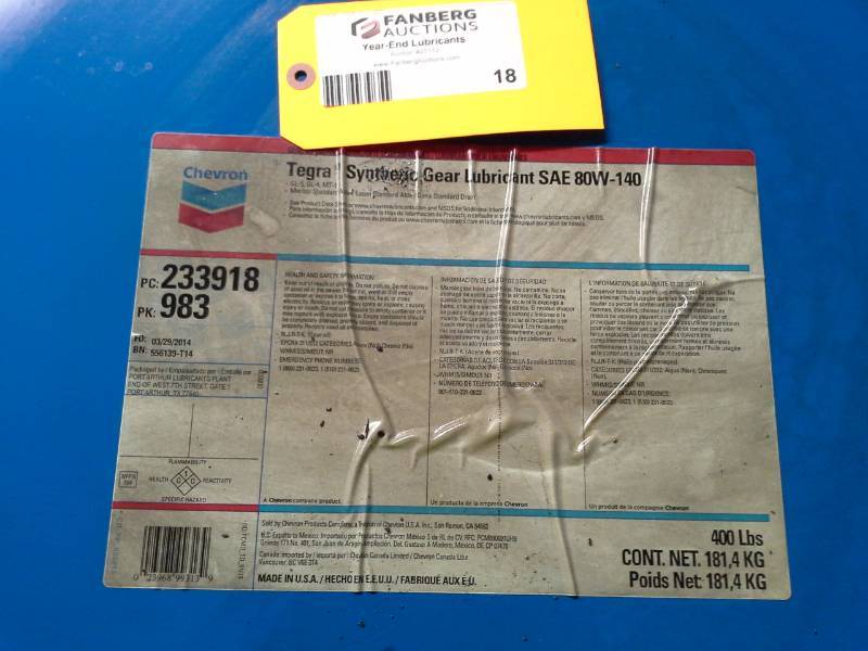 lot 18 image: One Drum Chevron Tegra Synthetic Gear Lubricant SAE 80W-140