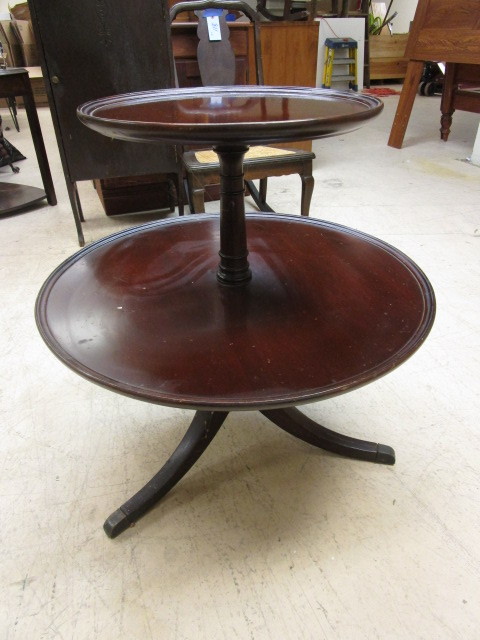 lot 812 image: ROUND, 2 TIERED, SOLID WOOD ACCENT TABLE