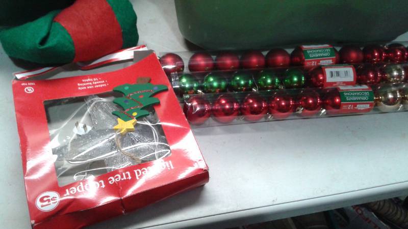 lot 33 image: Bin Filled With Christmas Items, Bulbs, Tree Stand