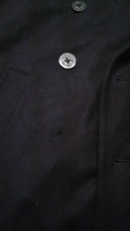 lot 36 image: Tommy Hilfiger Navy Peacoat, Size Large, Used, Shows Wear, Missing Button, Needs Cleaning