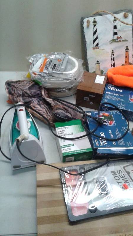 lot 49 image: Box With Mixed Items, Cutting Board, Irons