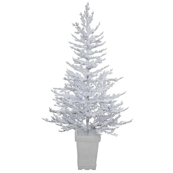 Vickerman 5 x 42 - Potted Flocked Winter Twig Tree - Metal Base - 142 Tips - 100 Warm White LED Lights