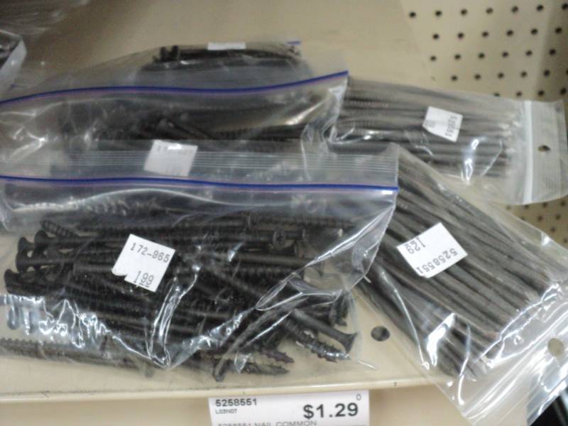 3 bags of screws, 2 bags of nails...