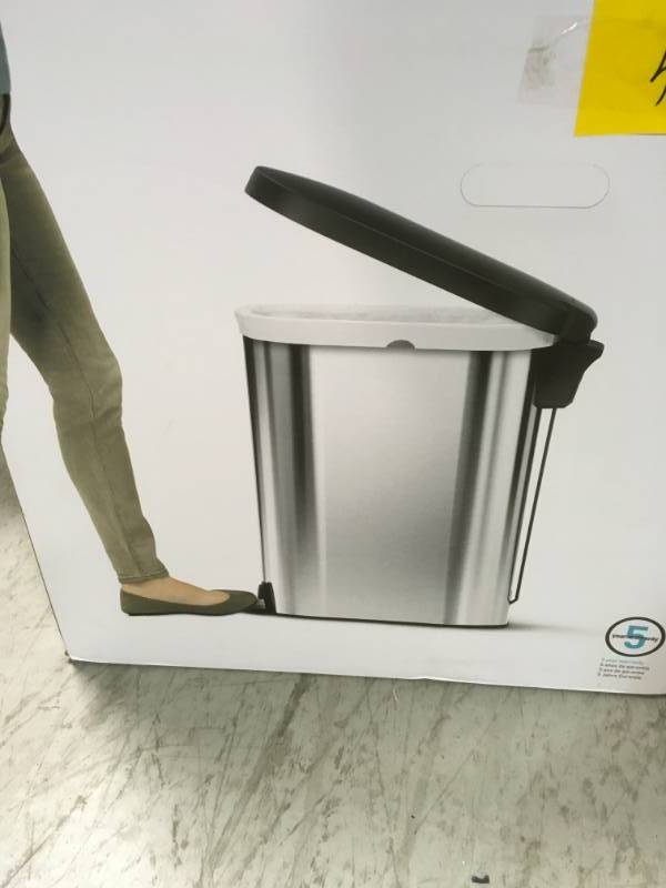 simplehuman 45-Liter Fingerprint-Proof Brushed Stainless Steel Slim Step-On Trash Can with Black Plastic Lid open box not used