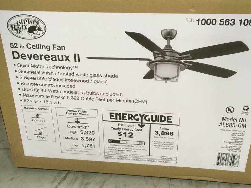 Hampton Bay Devereaux II 52 in. Indoor Gunmetal Ceiling Fan with Light Kit and Remote Control open box not used