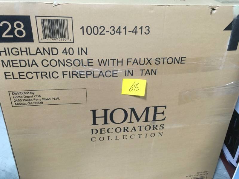 Home Decorators Collection Highland 40 in. Faux Stone Mantel Electric Fireplace in Tan open box not used