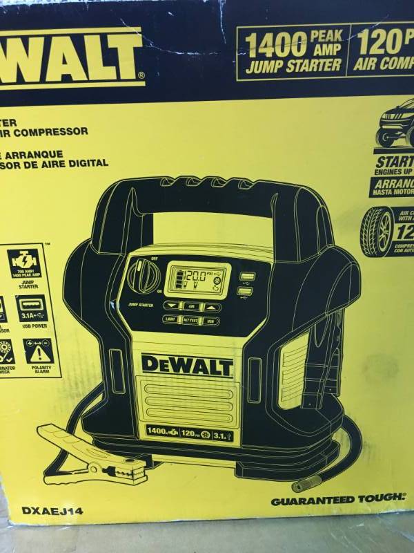 lot 10 image: DEWALT-DXAEJ14 1400 Peak Amp Jump Starter with Digital Compressor USED in good working condition