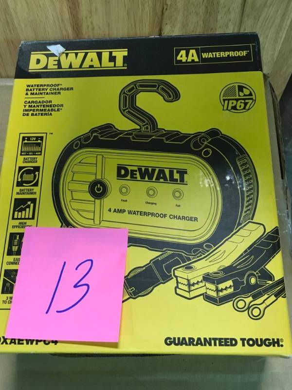 lot 13 image: Dewalt 4 amp Professional Waterproof Battery Charger  open box in like new condition