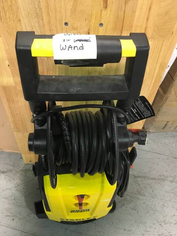 lot 25 image: Stanley 2,000 PSI 1.4 GPM Electric Pressure Washer With 30 ft. Working Hose Reel, Detergent Tank, Spray Gun, 4 Nozzles and More  open box in like new condition