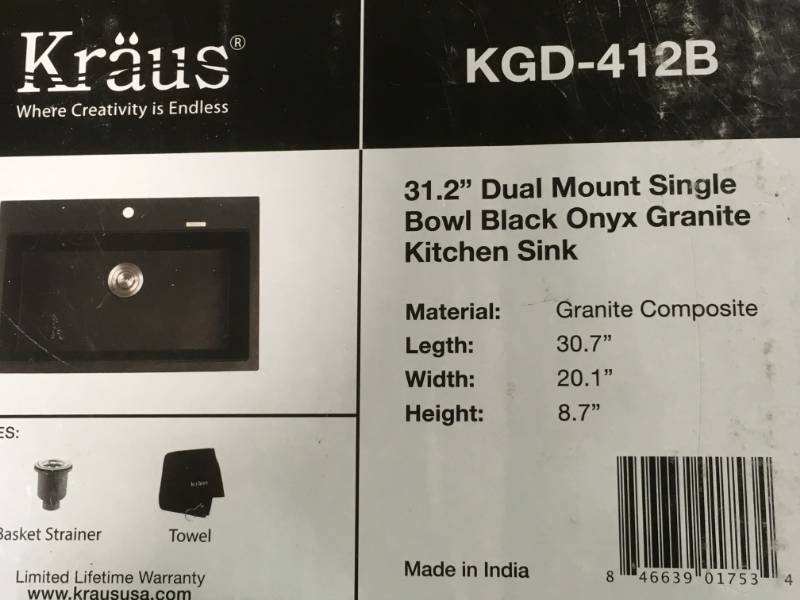 lot 38 image: KRAUS Drop-inUndermount Granite Composite 31 in. 1-Hole Single Basin Kitchen Sink Kit in Black Onyx not used