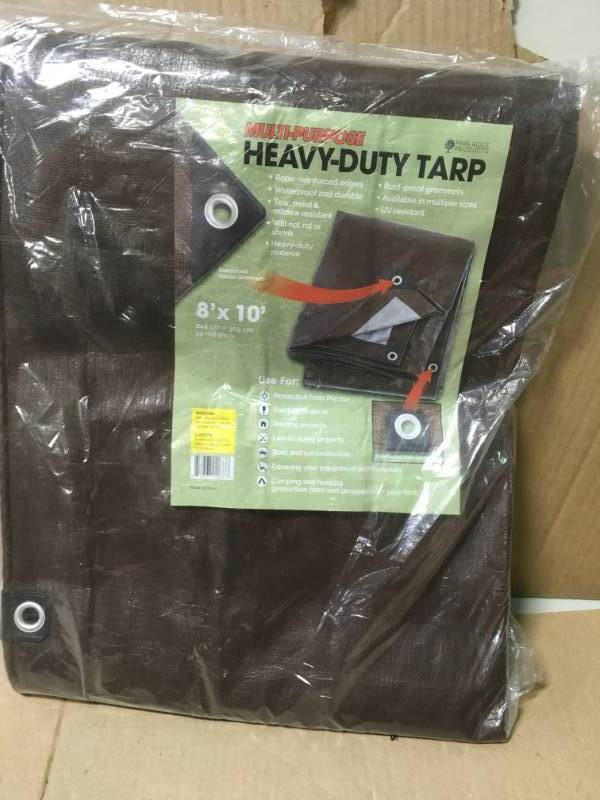 lot 68 image: TAFCO PRODUCTS 8 ft. x 10 ft. Heavy-Duty BROWN Reversible Poly 10 mil Tarp Kit Includes 4-Free Bungee Hook Tie Downs not used