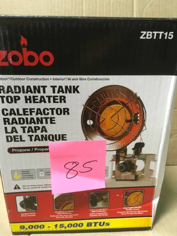 lot 85 image: Legacy Outdoor Products Zobo BTU Propane Tank Top Heater  open box in like new condition