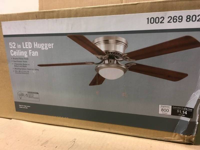 lot 97 image: Hugger 52 in. LED Indoor Brushed Nickel Ceiling Fan with Light Kit  open box in like new condition