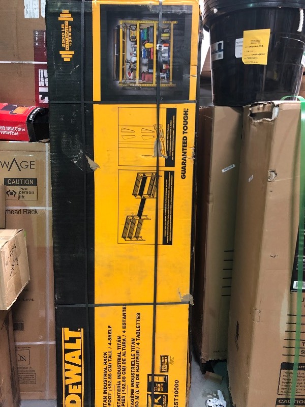 lot 104 image: DEWALT  72 in. H x 77 in. W x 24 in. D 4-Shelf SteelLaminate Expandable Industrial Storage Rack Unit in Yellow  not used