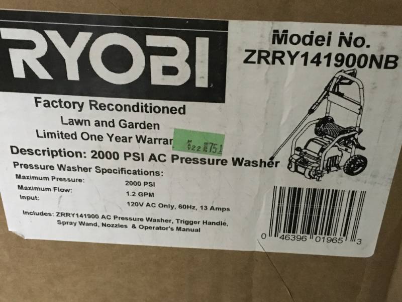 Ryobi Reconditioned 2,000 PSI 1.2 GPM Electric Pressure Washer open box not used