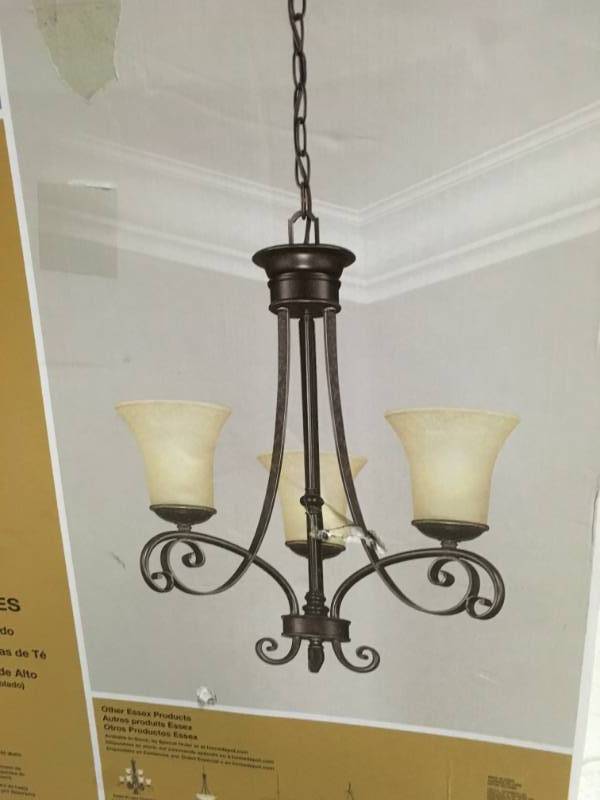 Hampton Bay Essex 3-Light Aged Black Chandelier with Tea Stained Glass Shades not used