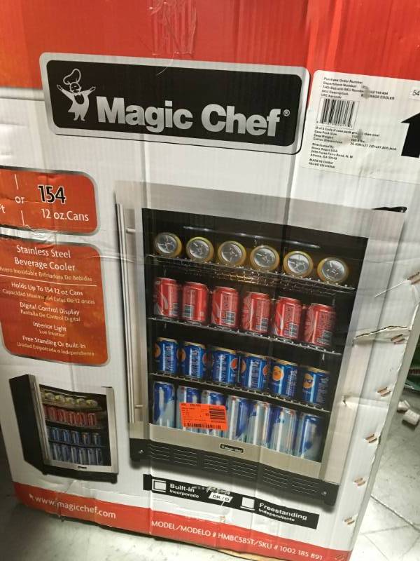 lot 2 image: Magic Chef Beverage 23.4 in. 154 (12 oz.) Can Cooler, Stainless Steel open box not used