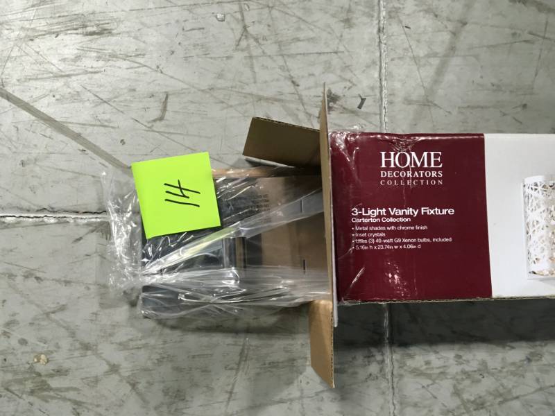 lot 14 image: Home Decorators Collection Carterton 3-Light Chrome Vanity Light with Crystal Accents not used