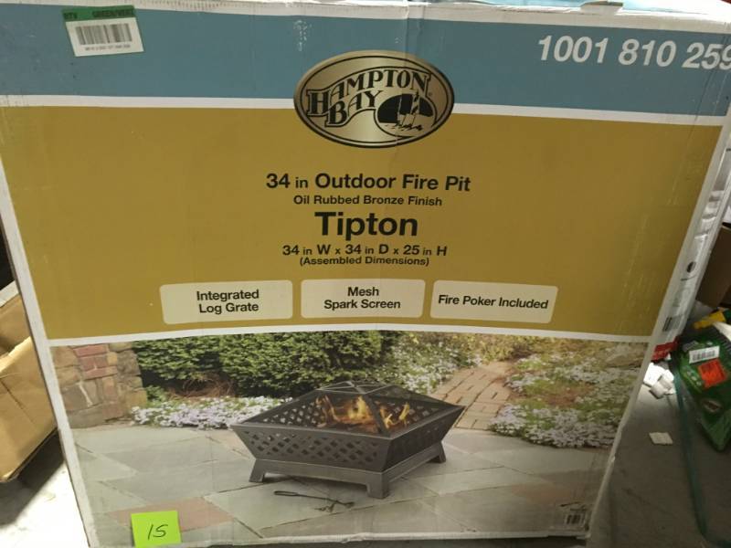 lot 15 image: Hampton Bay Tipton 34 in. Steel Deep Bowl Fire Pit in Oil Rubbed Bronze with Cover not used