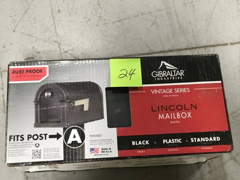 lot 24 image: Gibraltar Mailboxes Lincoln Decorative Plastic Post-Mount Mailbox, Black  in like new condition