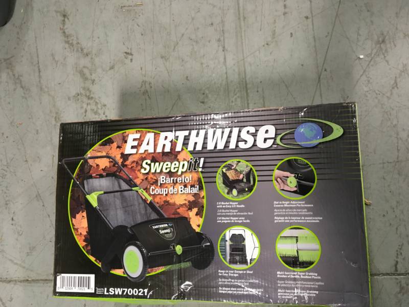 lot 25 image: Earthwise 21 in. Sweep-It Push Lawn Sweeper with 2.61 Bushel Collection Bag  in like new condition