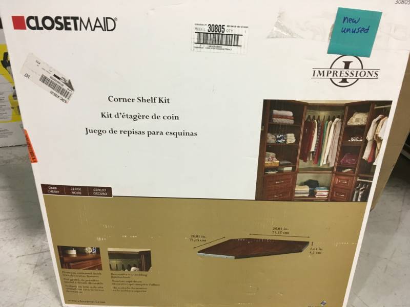 lot 32 image: ClosetMaid Wall Shelves, Hooks & Racks Impressions 28 in. Dark Cherry Corner She not used