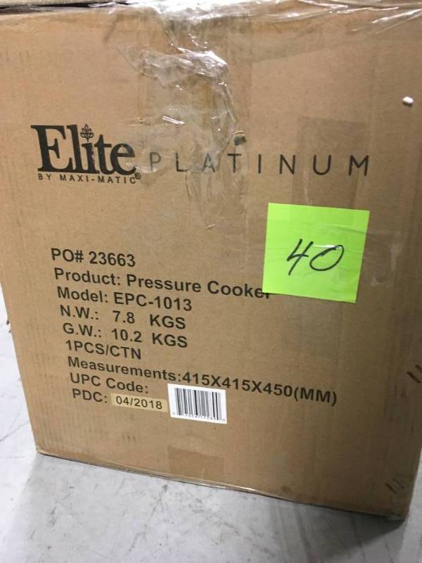 lot 40 image: Elite 10 Qt. Pressure Cooker not used