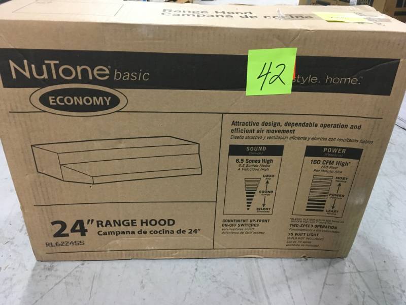 lot 42 image: NuTone RL6200 Series 24 in. Ductless Under Cabinet Range Hood with Light in Stainless Steel  in like new condition
