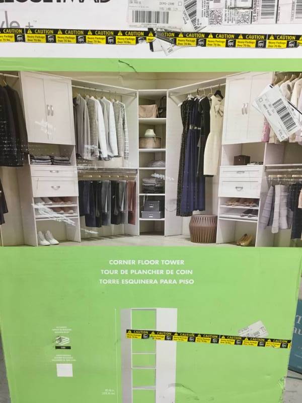 lot 60 image: ClosetMaid Style 25 in. D x 25 in. W x 82 in. H White Melamine 6-Shelves Corner Closet System not used