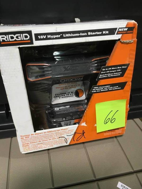 lot 66 image: RIDGID 18-Volt Lithium-Ion 2.0 Ah Battery Pack and Charger Kit  in like new condition