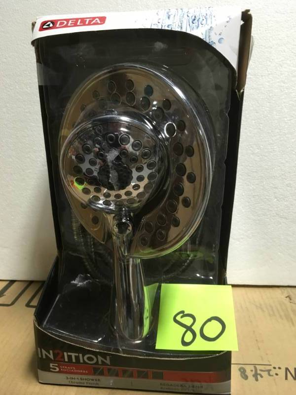 lot 80 image: Delta In2ition 5-Spray 2-in-1 Hand Shower and Shower Head Combo Kit with Pause in Brushed Nickel  in like new condition