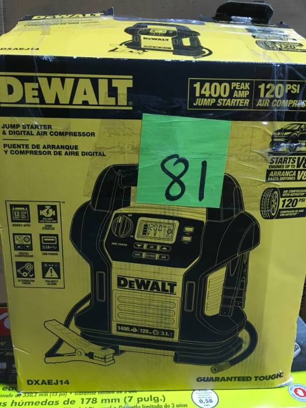 lot 81 image: DEWALT-DXAEJ14 1400 Peak Amp Jump Starter with Digital Compressor  in like new condition