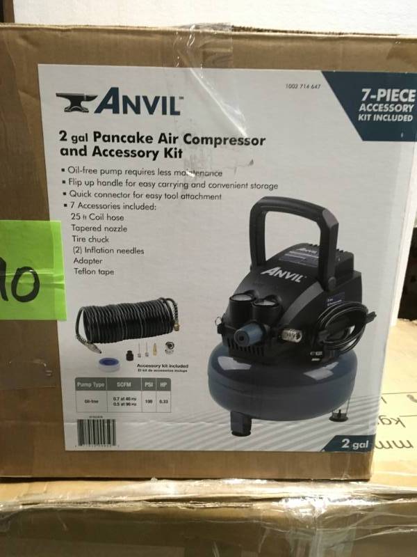 lot 90 image: ANVIL 2G Pancake Air Compressor with 7-Piece Accessories Kit  in like new condition