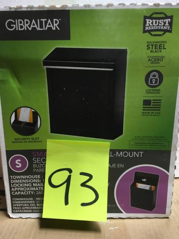 lot 93 image: Gibraltar Mailboxes Townhouse Black Steel Vertical Wall-Mount Locking Mailbox  in like new condition