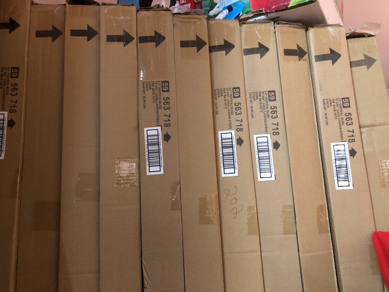 lot 105 image: Lot of 5 boxes Hampton Bay Heather Buff 3.5 in. Vertical Blind - 78 in. W x 84 in. L New 2 pc for case  new