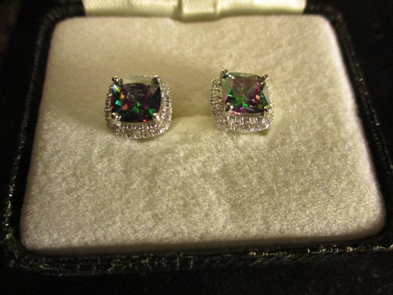 lot 4 image: Sterling Silver 925 Mystic Princess Cut Rainbow Topaz  Gemstone Stud Earrings